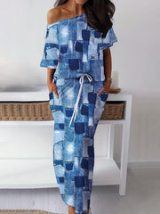 Patchwork Casual Set Off Shoulder Tee & Split Drawstring
