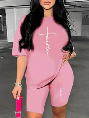 Faith & Cross Print 2pc Set Crew Neck T Shirt & Shorts Women's Outfit