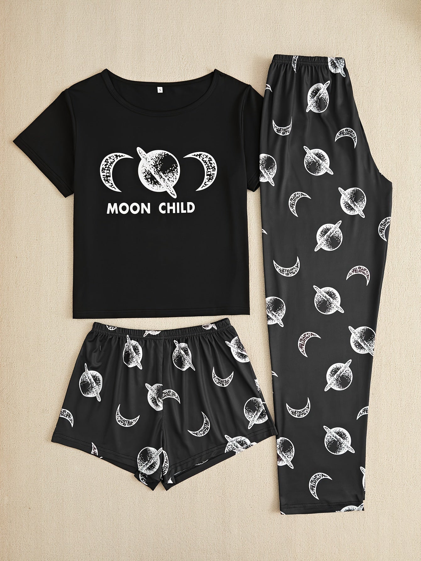 Moon Print Pajama Set Short Sleeve Crew Neck Top & Shorts Women's Sleepwear