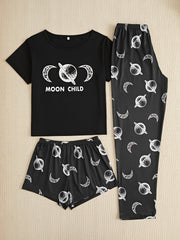 Moon Print Pajama Set Short Sleeve Crew Neck Top & Shorts Women's Sleepwear