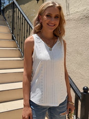 Eyelet Embroidered Tank Top V Neck Casual Solid Tank Top