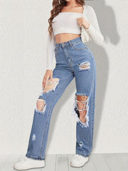 High Waist Distressed Straight Jeans