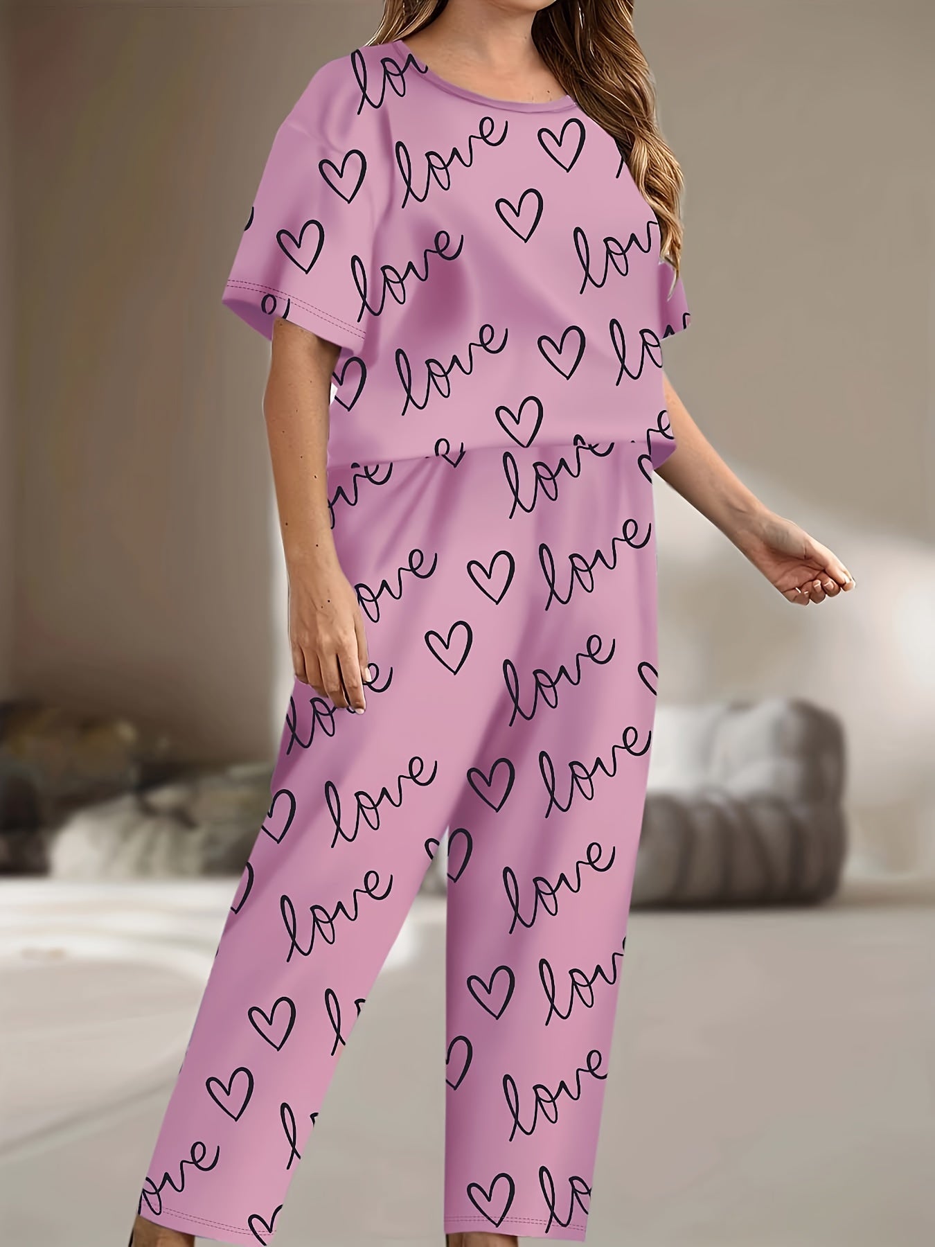 Pajama Set Women's Heart & Letter Print Tee & Pants 2 Piece