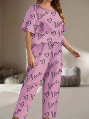 Pajama Set Women's Heart & Letter Print Tee & Pants 2 Piece