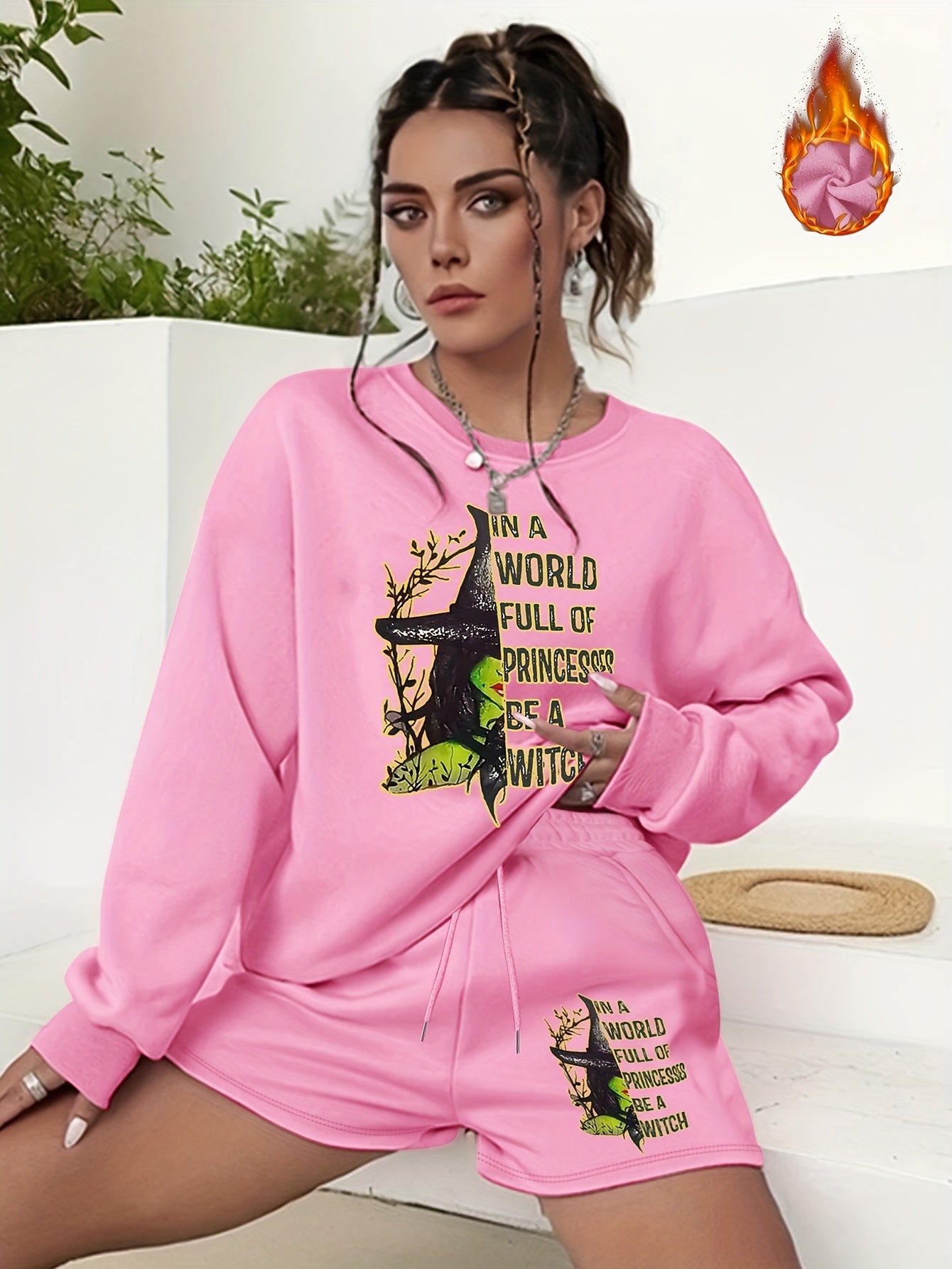 Women's Plus Graphic Print Sweatshirt & Shorts 2pcs Set Outfits