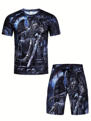 Men's Skull Pattern T shirt & Shorts Set for Fitness