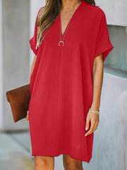 Women's Plus Solid Short Sleeve V Neck Medium Stretch Loose Fit Dress
