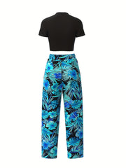 Casual Matching Two piece Set Solid Crop T shirt Plant Print Pants Outfit