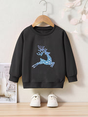 Cartoon Deer Pattern Crew Neck Long Sleeve Sweatshirt for Girls Kids