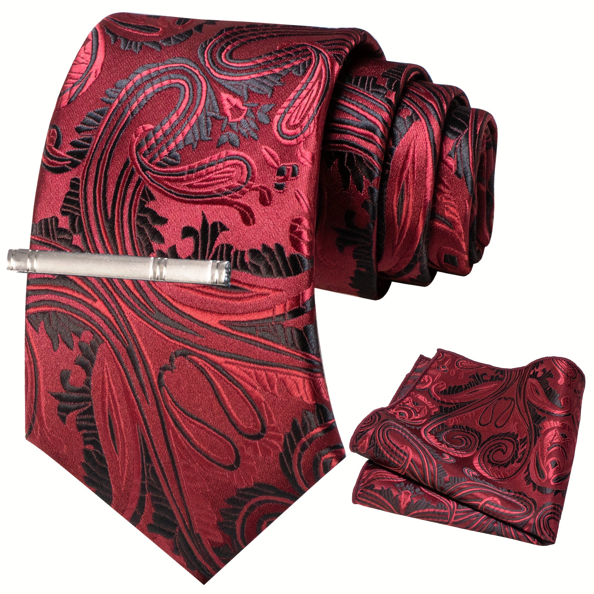 Floral Tie And Pocket Square Set With Tie Clip