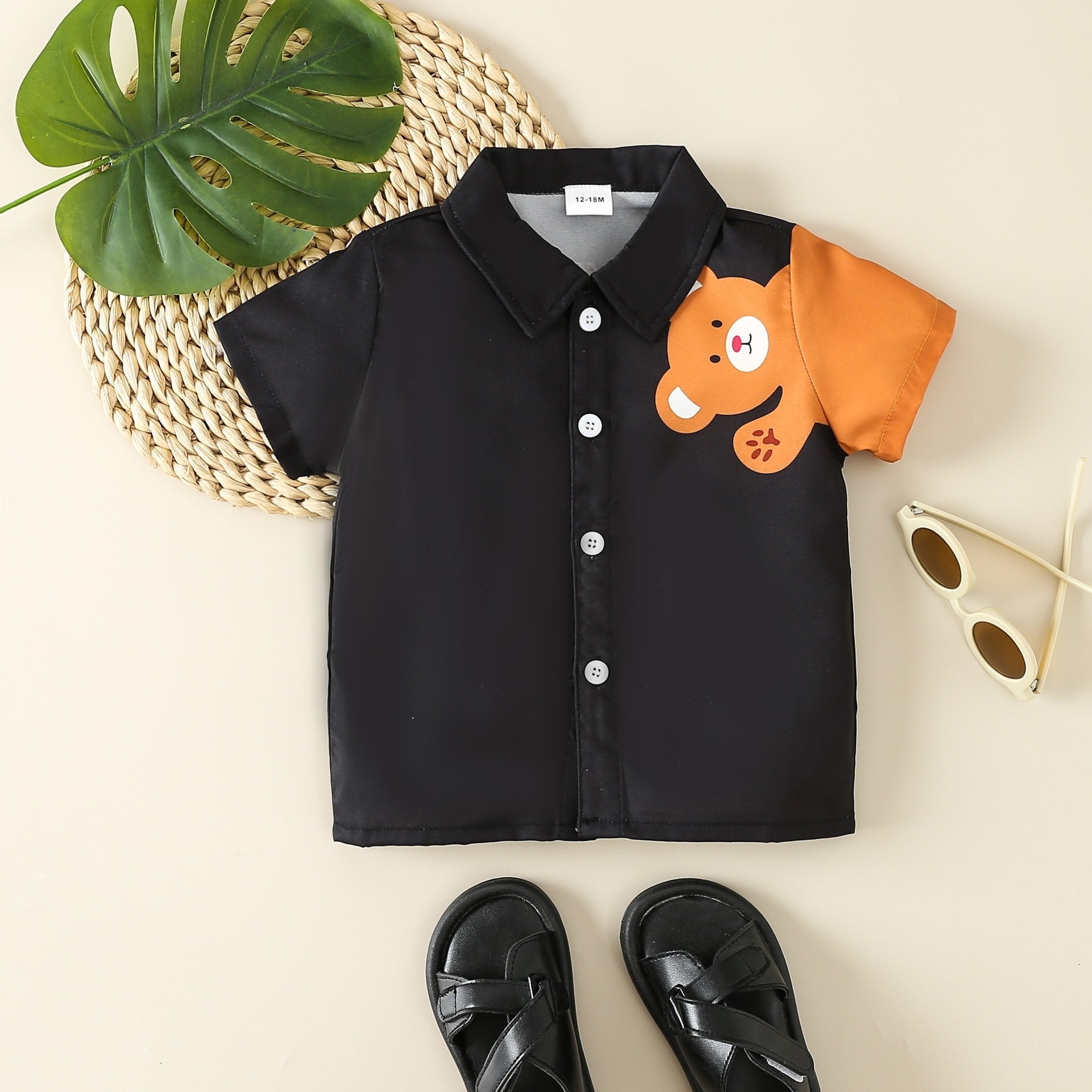 Cartoon Bear Graphic Button Down Tee Top for Baby Boys