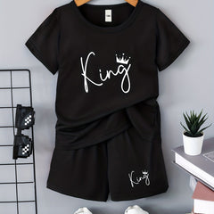 2pcs Boys King Crown Print T shirt & Shorts Summer Clothes Sets
