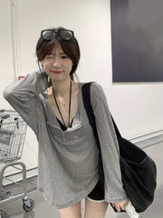 Grey Scoop Neck Cover Up T Shirt Top Long Sleeve Solid Sun Protection Beach Cove