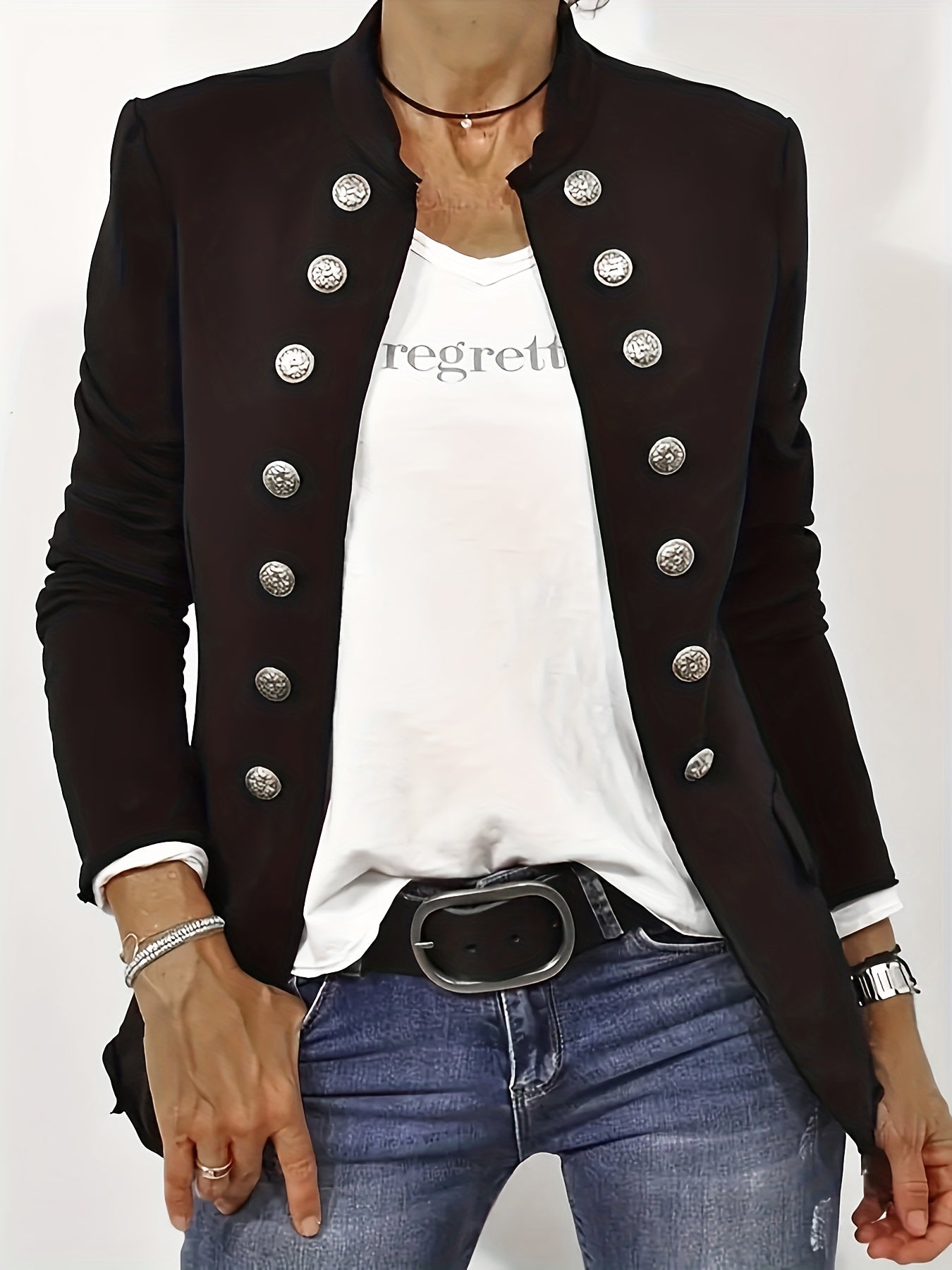 Solid Stand Collar Button Front Blazer for Women