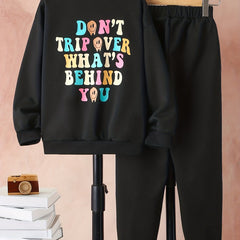 Colorful Letter Print Boy's 2pcs Sweatshirt & Sweatpants Set Halloween Style
