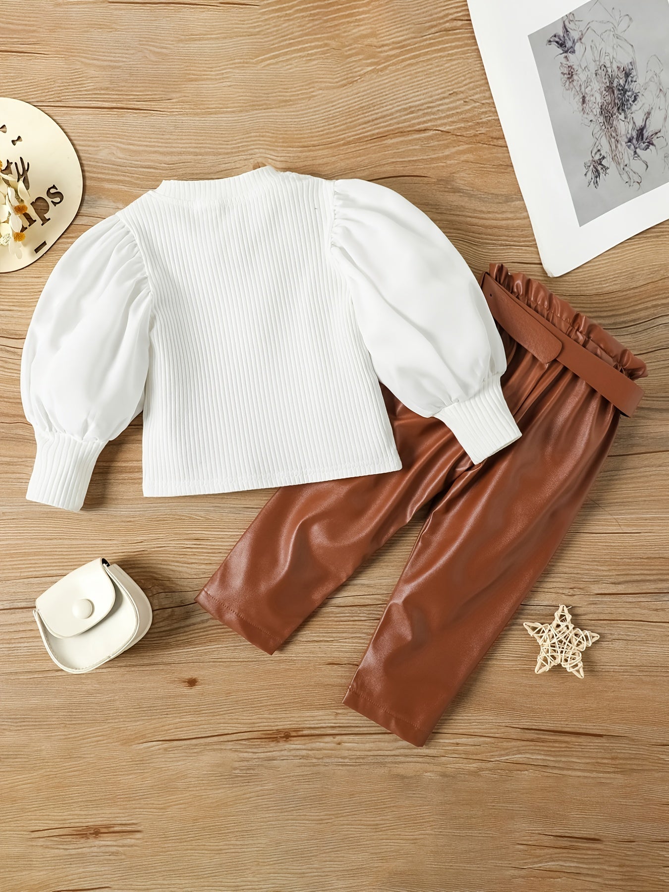 2pcs Baby Girls Ribbed Top & Leather Pants Set Kids Clothes