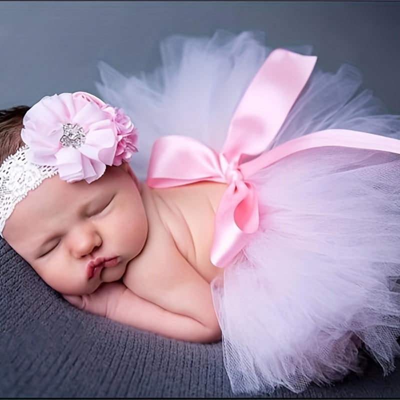 Newborn Baby Photography Props Tutu Skirt Pink Lace Headband Set