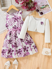 2pcs Dino Tank Dress & Cardigan Set for Girls - Floral Dinosaur Print Outfit