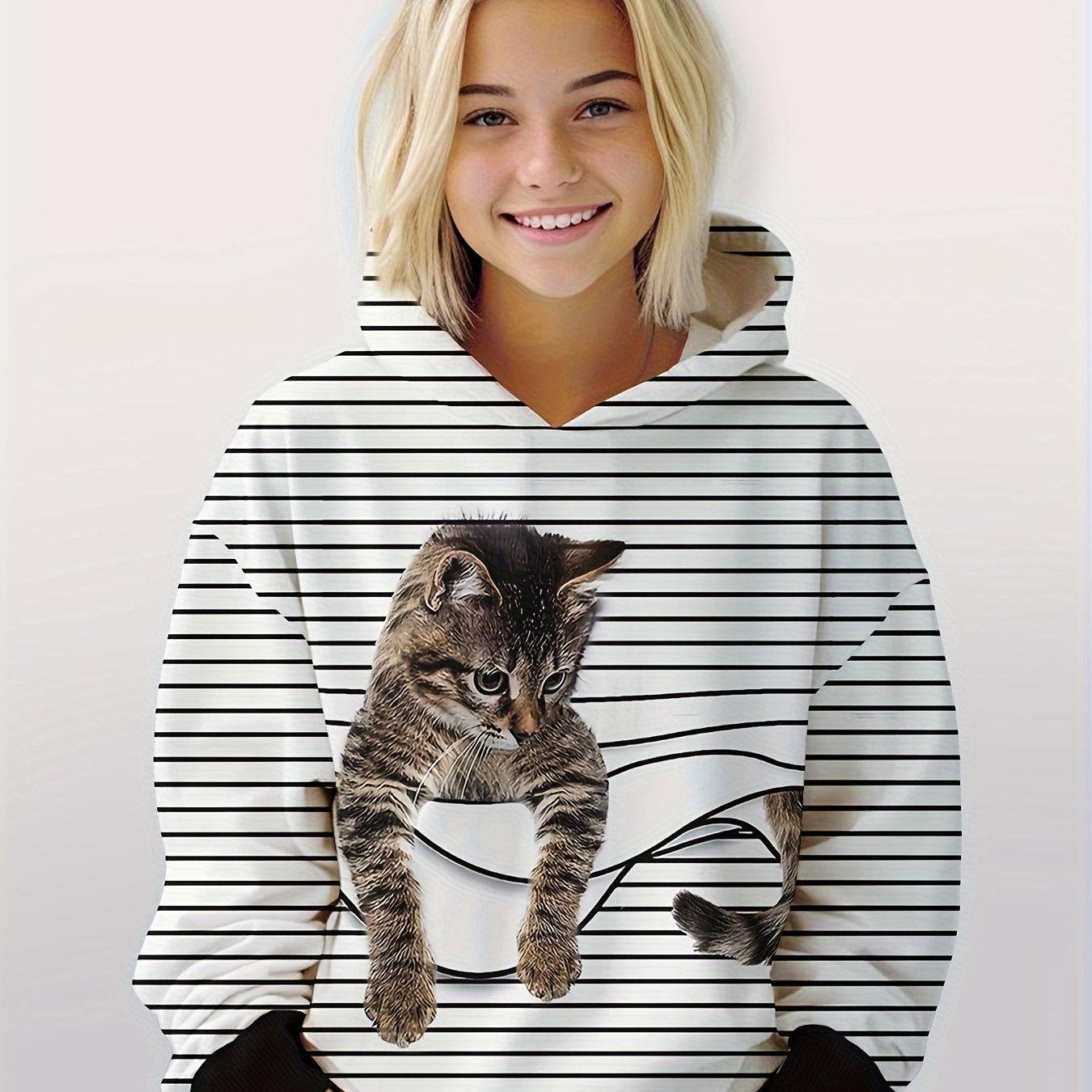 Girls Boys Cat Graphic Long Sleeve Hoodies Pullover Spring Fall