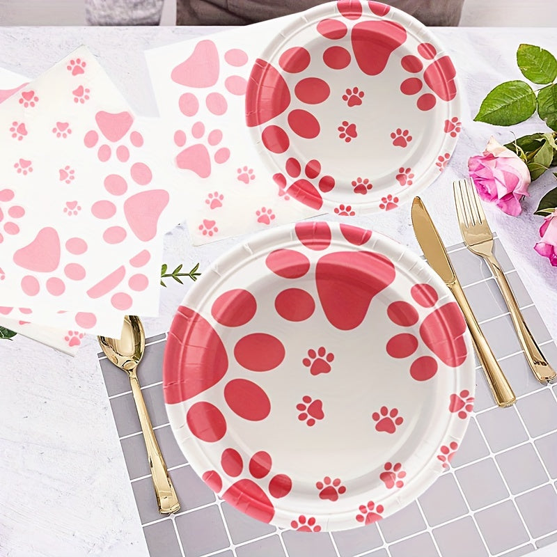 Pink Dog Paw Prints Party Supplies Set - Plates, Napkins, Tablecloth