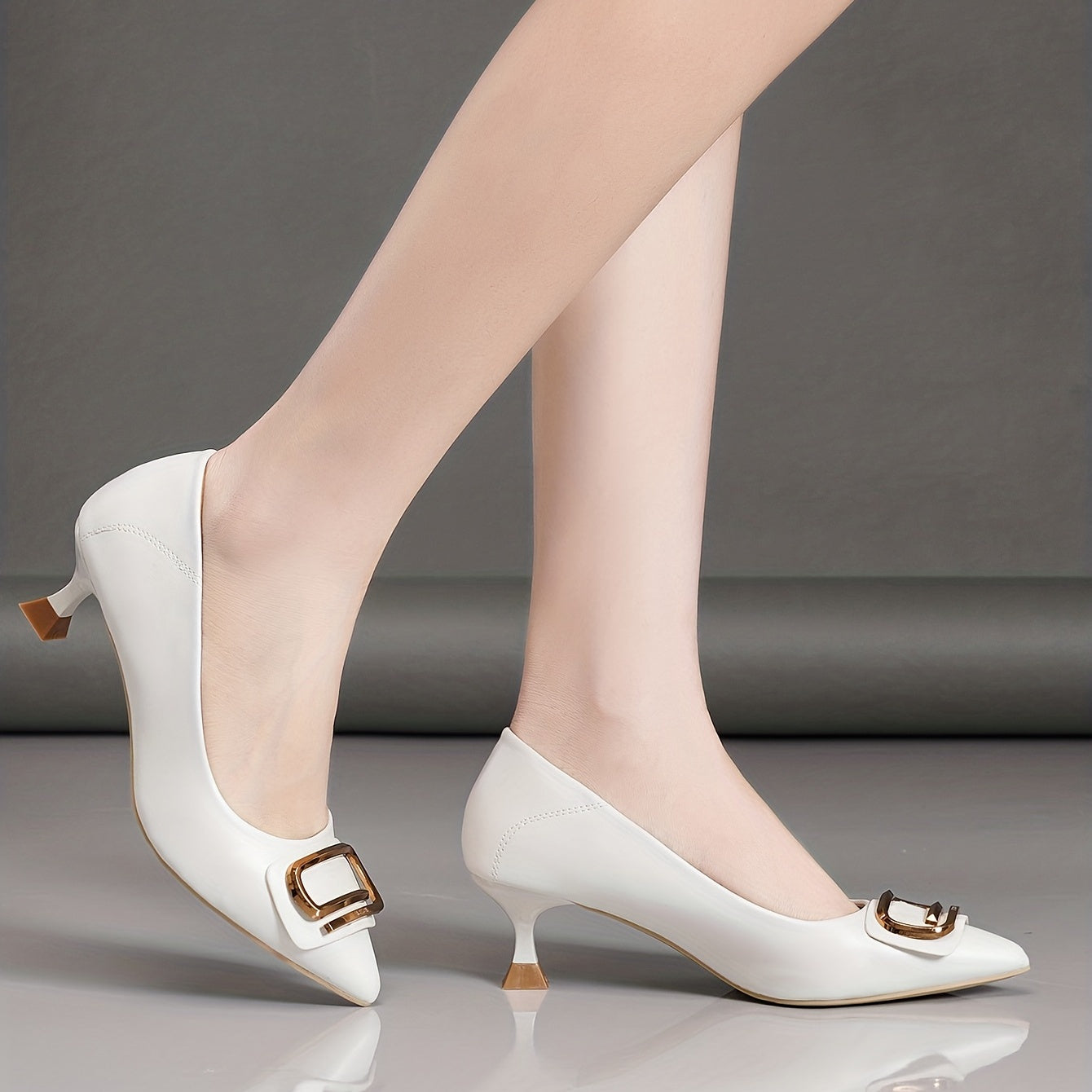 Metal Rectangle Decor Kitten Heels Pointed Toe Pumps
