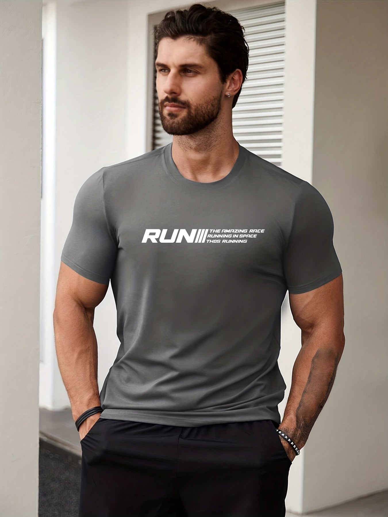 Men's Run Print T shirt Active Slightly Stretch
