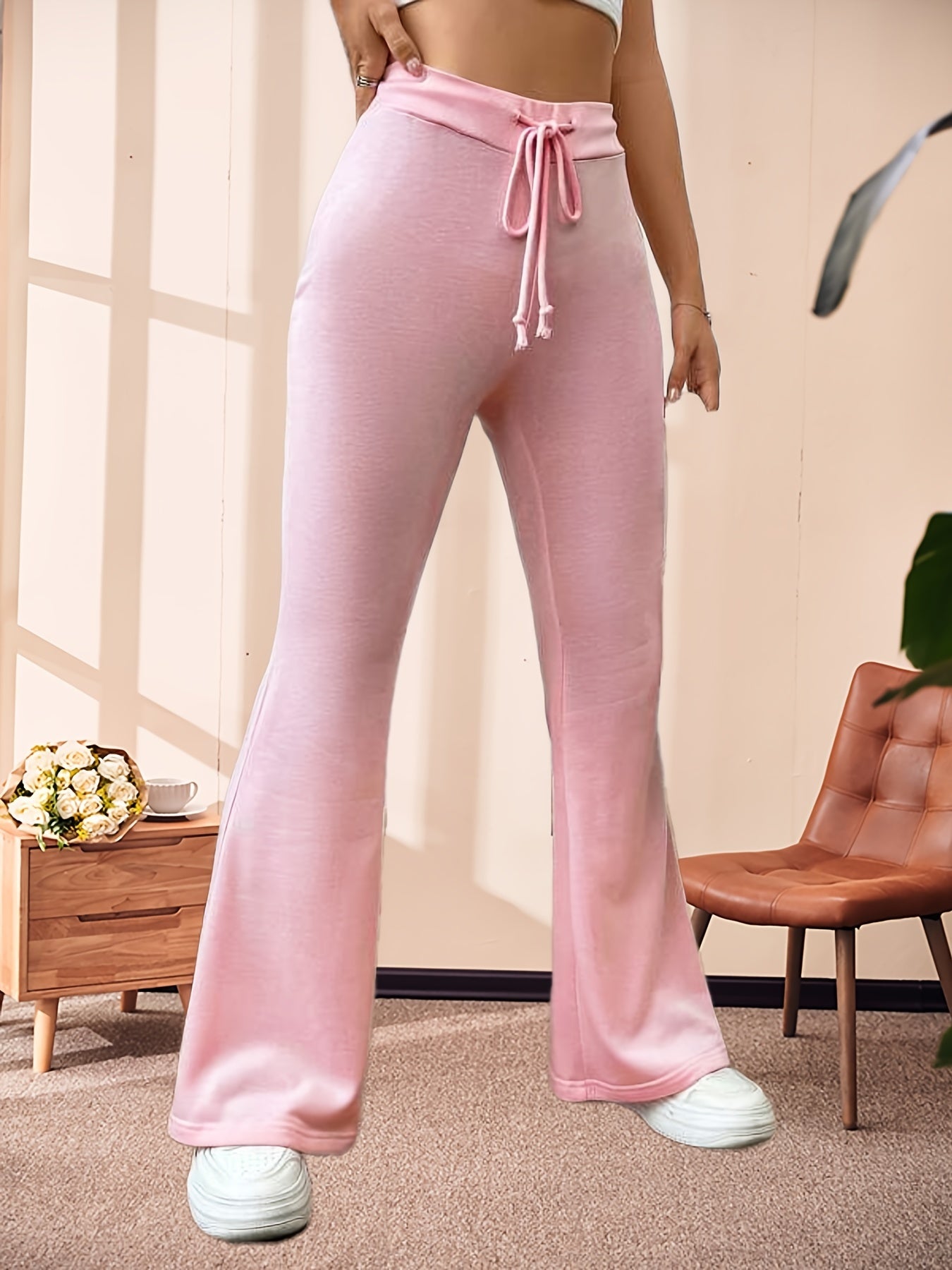 Solid Slim Flare Leg Sweatpants Casual Drawstring Pocket Pants