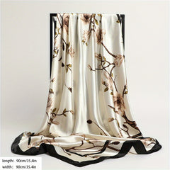 Flower Print Bandana Chinese Style Satin Square Scarf Women Windproof Head Wrap
