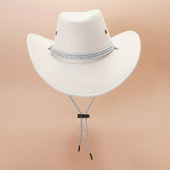 Unisex Western Cowboy Hat Solid Jazz Fedora Cap w/ Lanyard