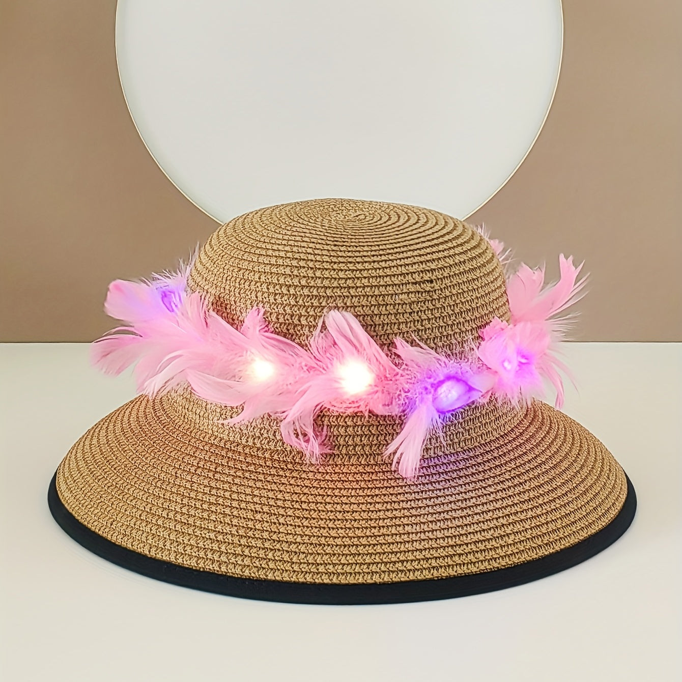 Luminous Feather Wreath Sun Hat Easter Khaki Straw Hat