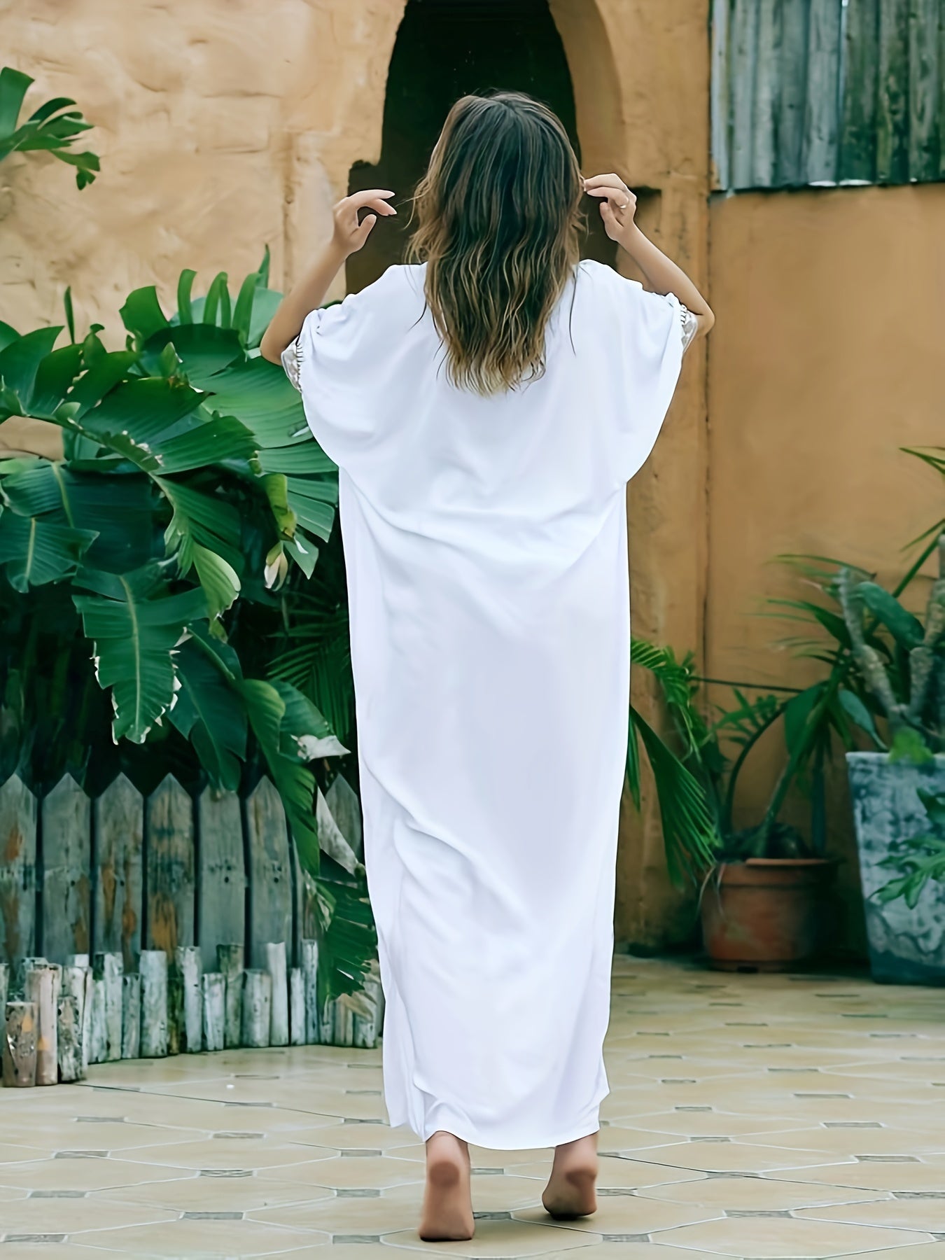 Boho Cover Up Women's Plus Embroidered Batwing Sleeve V Neck