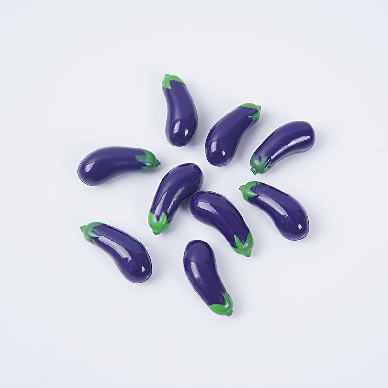 5 Mini Eggplant Models w/Green Stems Realistic Purple & Green Vegetable Accents
