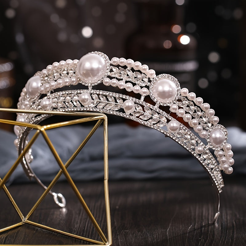 Silvery Faux Pearl Rhinestone Tiara Hairband Wedding Accessories