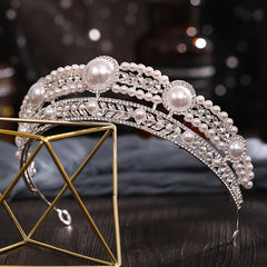 Silvery Faux Pearl Rhinestone Tiara Hairband Wedding Accessories