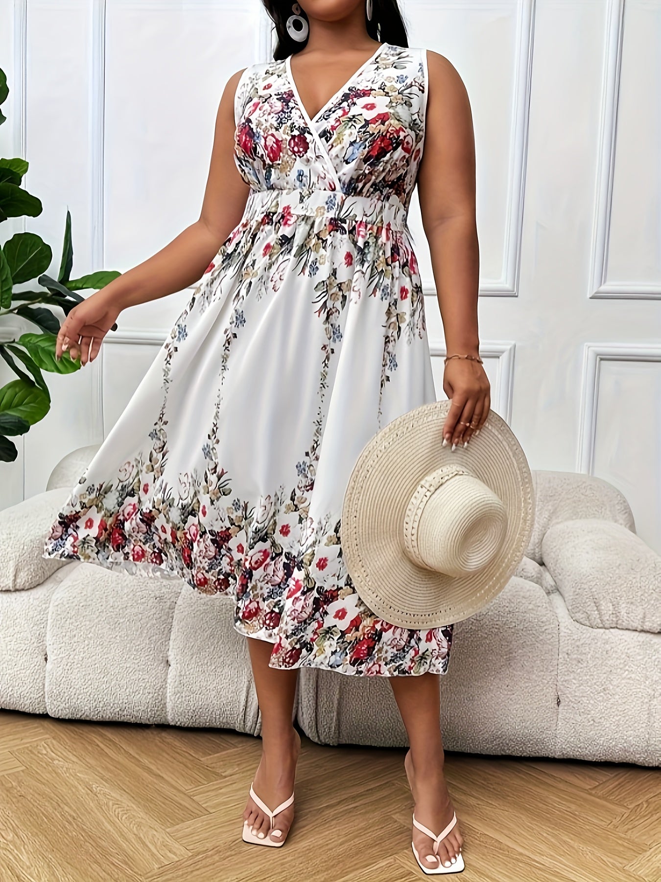 Plus Floral Print Surplice Neck Midi Tank Dress