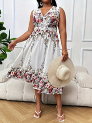 Plus Floral Print Surplice Neck Midi Tank Dress