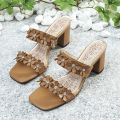 Floral Square Toe High Heel Sandals Two Bands Slip On