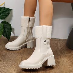 Women's Block Heel Ankle Boots Plush Square Toe Non Slip Short Boots
