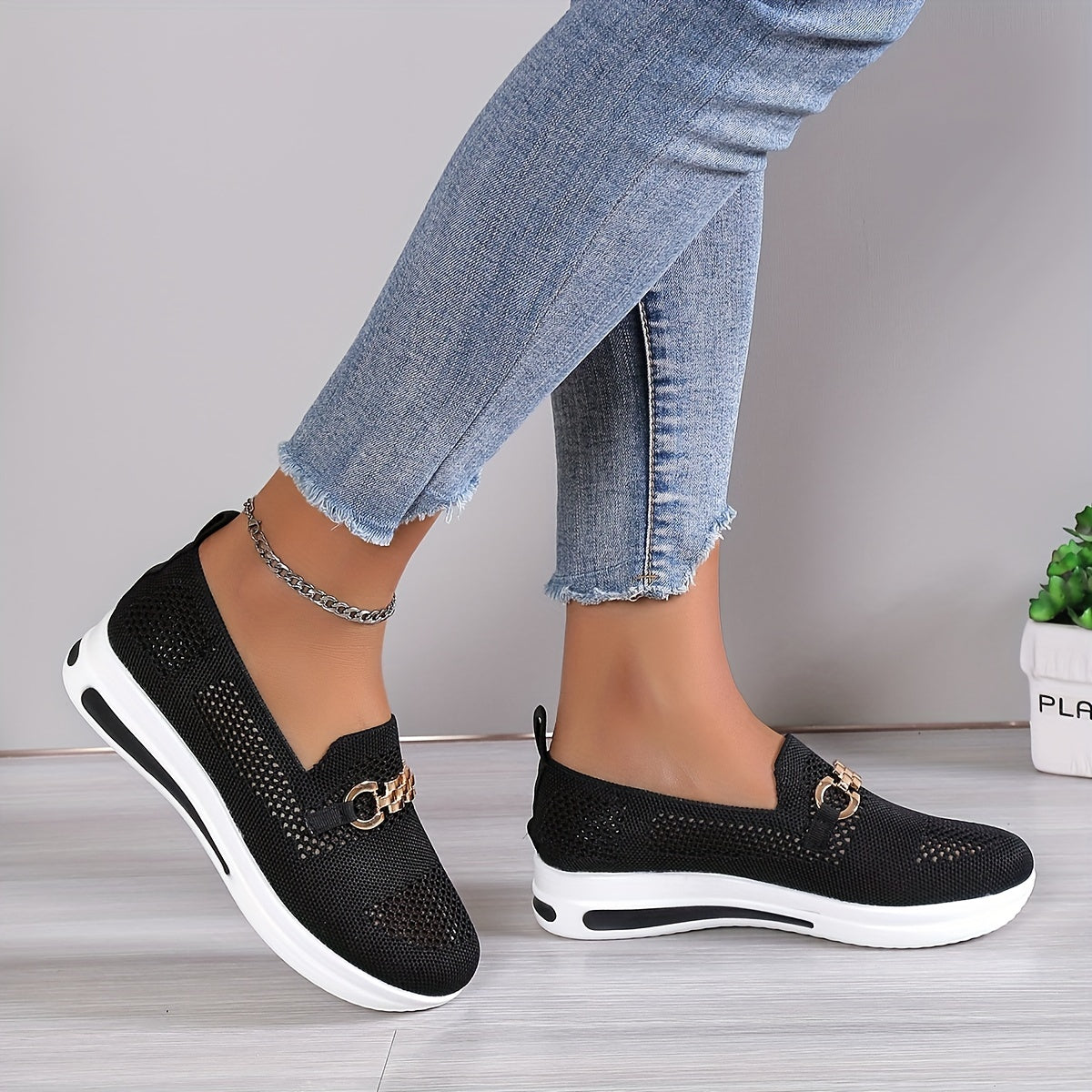 Women's Knit Wedge Shoes Breathable Slip On Casual Walking Shoes