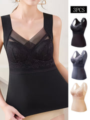 3pcs Contrast Lace Tank Tops V Neck Sleeveless Thermal Top Women's Lingerie