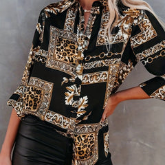 Retro Blouse Women's Leopard & Chain Print Button Up Shirt