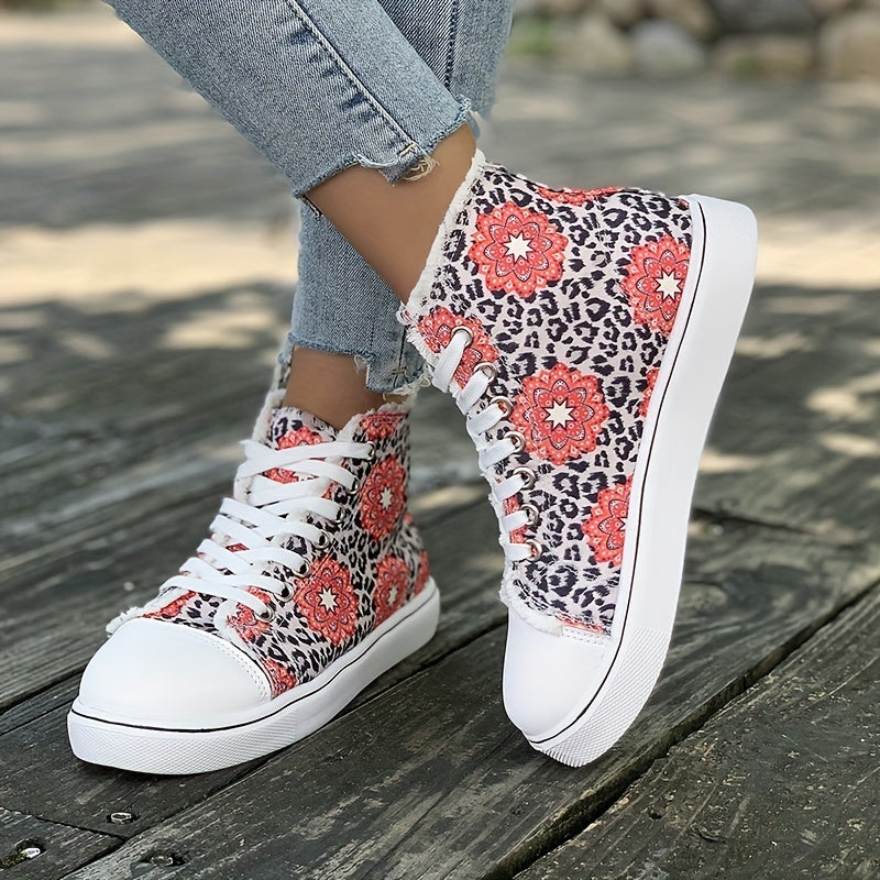 Floral & Leopard Print High Top Canvas Sneakers Lace Up Skate Shoes