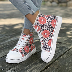 Floral & Leopard Print High Top Canvas Sneakers Lace Up Skate Shoes