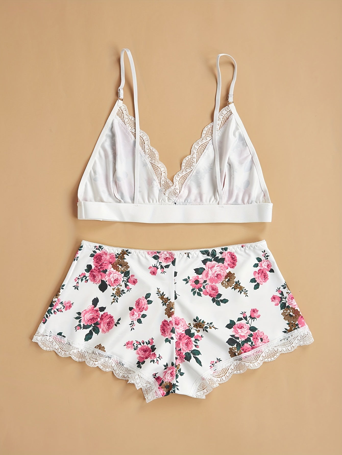 Floral Print Pajama Set Deep V Crop Cami Top & Lace Trim Shorts