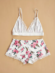 Floral Print Pajama Set Deep V Crop Cami Top & Lace Trim Shorts