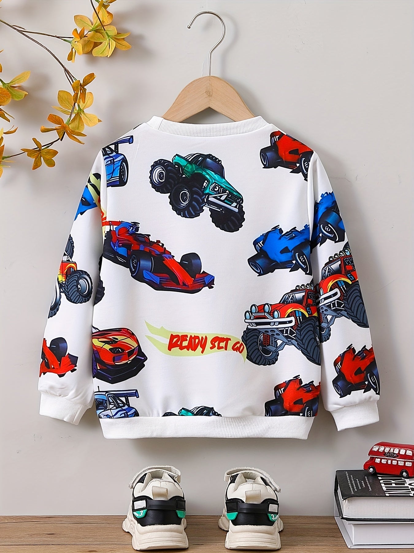 Boys Cartoon Car Print Sweatshirt Long Sleeve Crew Neck Top