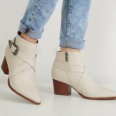 Women's Pointed Toe Ankle Boots Cross Buckle Strap Side Zip Short Boots