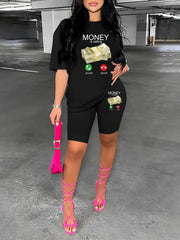 Letter & Graphic Print Tee & Biker Shorts Set