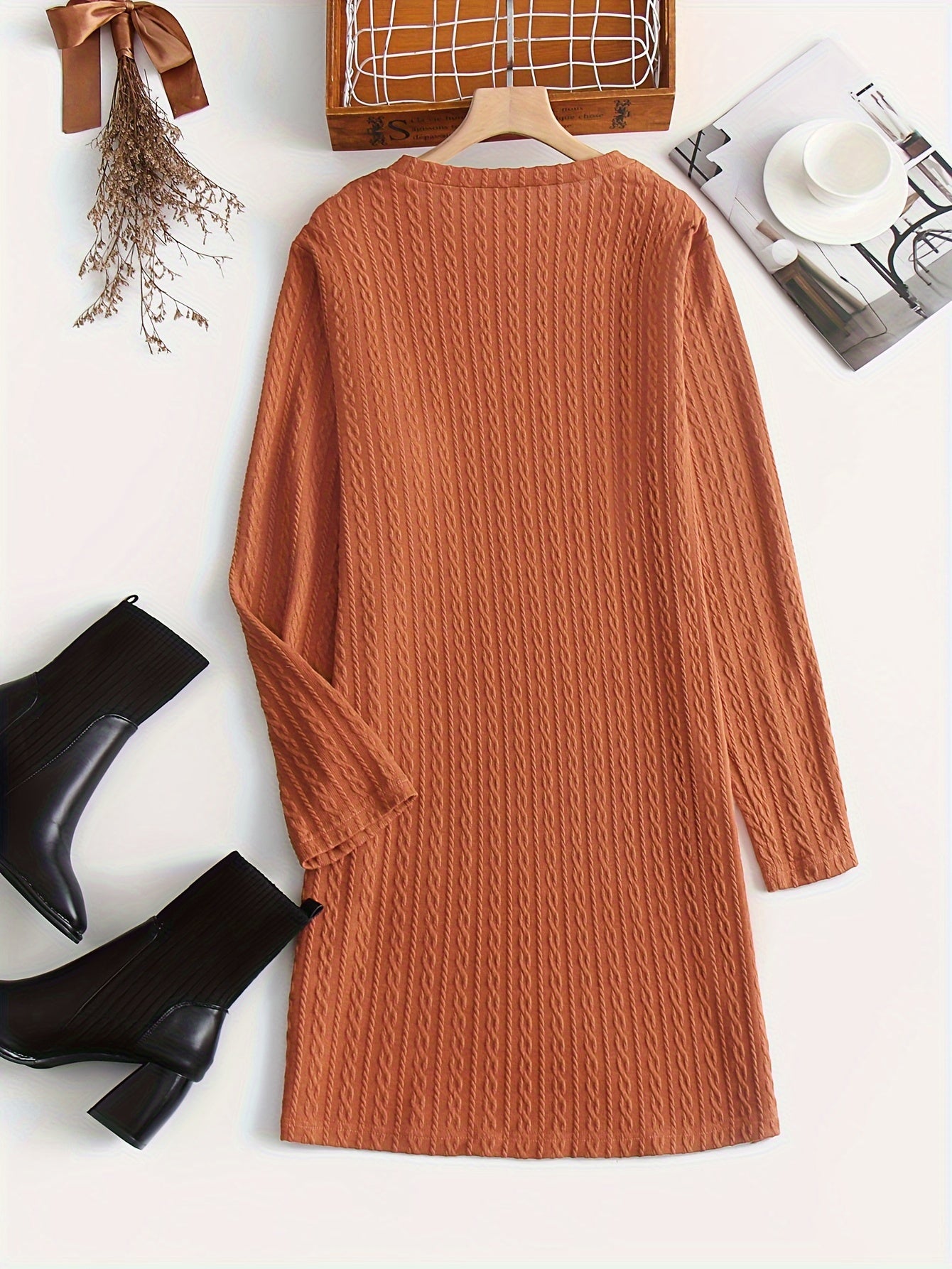 Solid Jacquard Long Sleeve Round Neck Dress