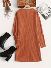 Solid Jacquard Long Sleeve Round Neck Dress